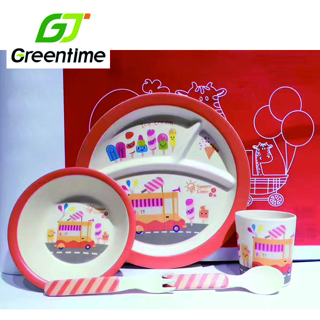 Biodegradable Organic Round Children's Tableware Set with Children Divided Plate in Bamboo fiber S102-5P